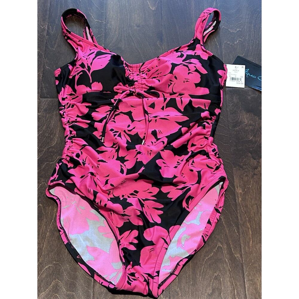 Aqua Green Pink & Black Tropical Floral One piece Molded Cup Swimsuit Medium Tag